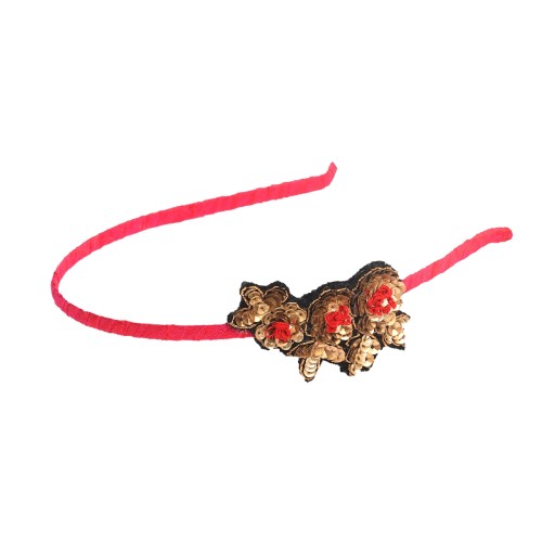 hairband-headgear-pretty-feminine-sequence-pink-rawsilk-thinband-dullgold-redflowers-popular-bestseller