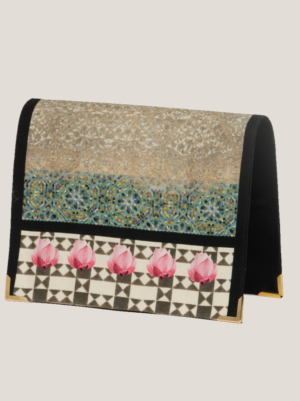 printedsatin-satin purse-designerbag-potteryart-sacred print-lotus-water lily