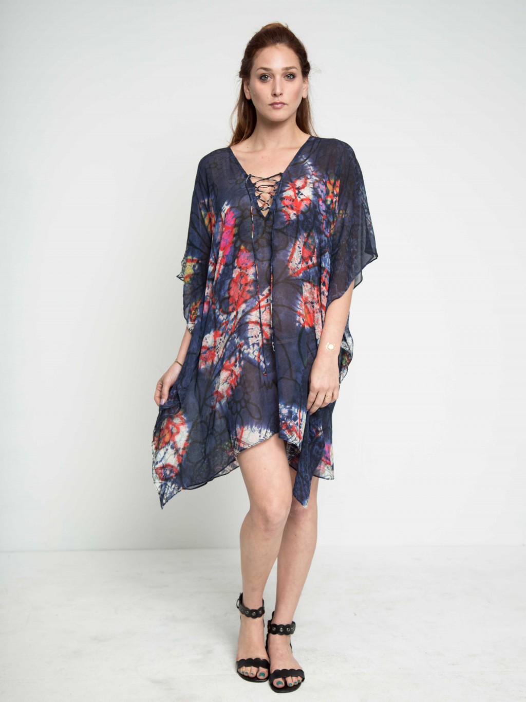 Grey - Shibori Mosaic Fusion Cotton Kaftan (Short) 01